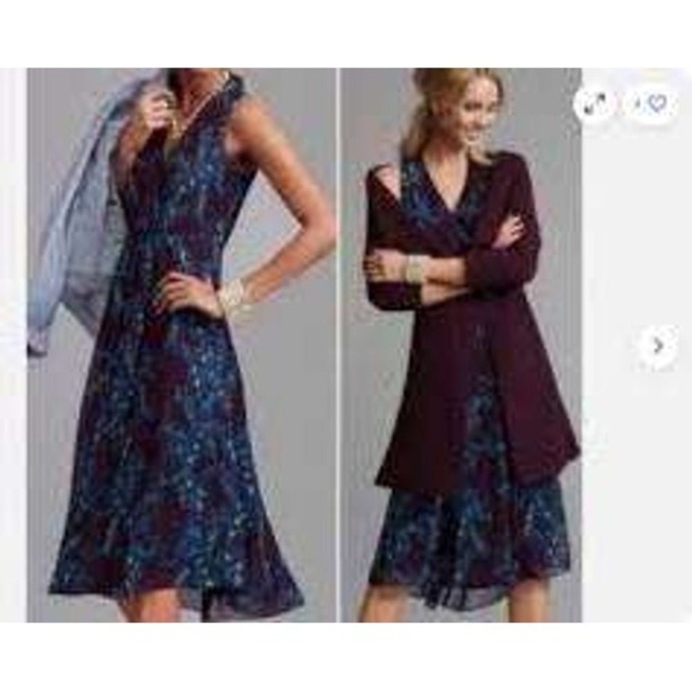 Cabi Plum Purple Blue Paisley Faux Wrap Sleeveless Midi Dress Pockets 2 3461